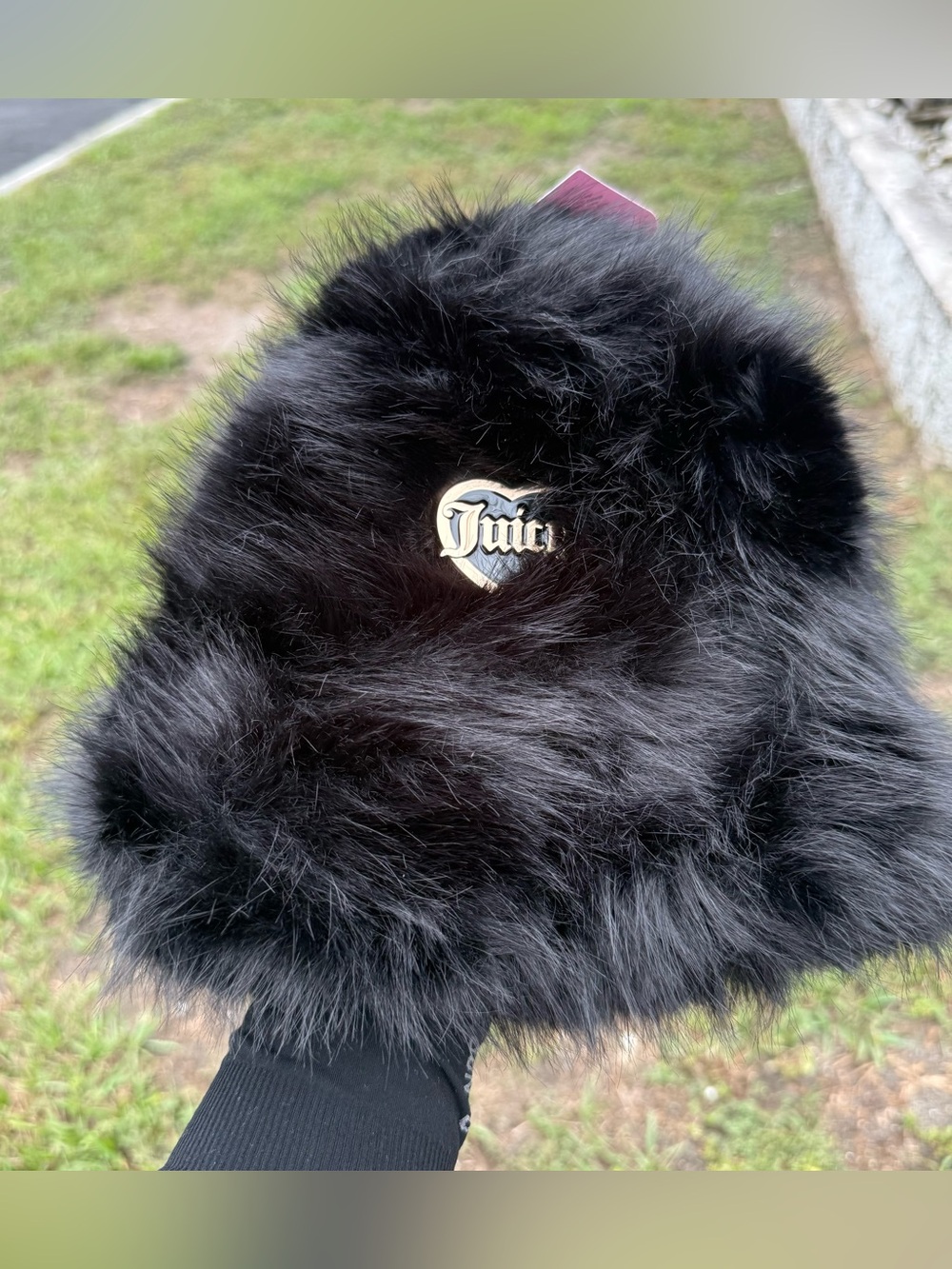Juicy Couture Black Faux Fur Pom Hat with Gold Heart Logo